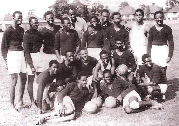The Nigerian football team, UK Tourists, without boots, 1949.