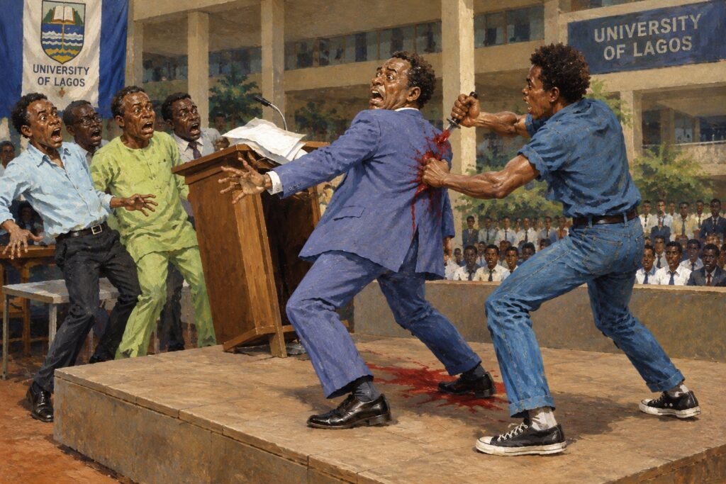 AI-generated image of Professor Saburi Biobaku being stabbed with a knife by Kayode Adams, June 9, 1965.